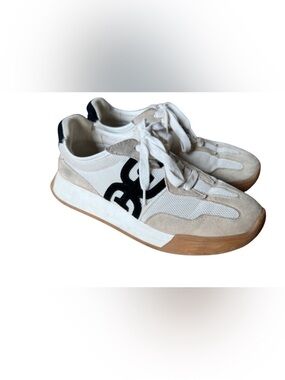 White & Beige Mesh Suede Sneakers with Black Logo Accent